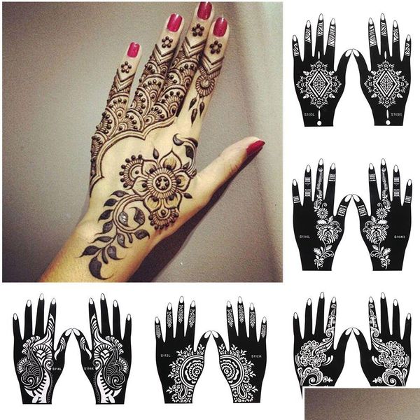 Tatuaggi temporanei 2 pezzi / set professionale henné stencil tatuaggio temporaneo mano body art adesivo modello strumento di nozze India fiore T20073 Dhgsk