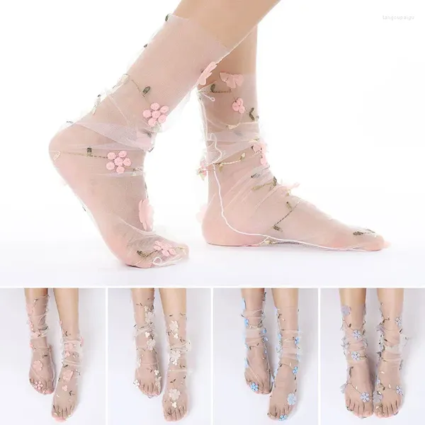 Kadın Çorap Yaz Nakışları Çiçekleri Dantel Tül Tül Bahar Şeffaf İnce File Elbise Sokak Giyim Kalsetinler