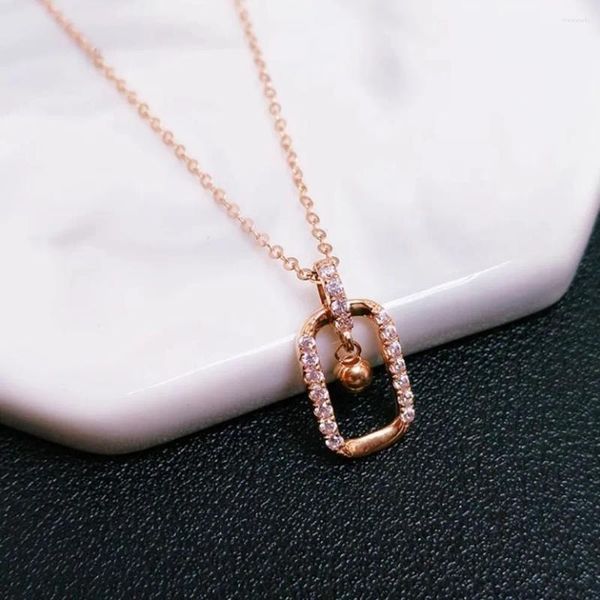 Correntes Real Pure 18K Rose Gold Chain Zircon Square Oblong Bead Pingente O Link Colar 1.8g