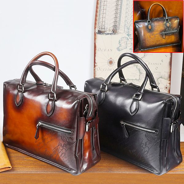 Мужской портфель, сумка из натуральной кожи, ручная работа, древний процесс окрашивания, трехслойная мужская дорожная сумка Deux Jours, которую можно использовать как сумку через плечо.