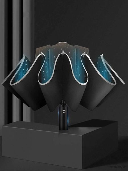 Guarda-chuvas Guarda-chuvas Guarda-chuva reverso à prova de vento Proteção UV Compacto de cabeça para baixo Invertido Dobrável Automático Aberto Fechar Segurança Reflexiva R2