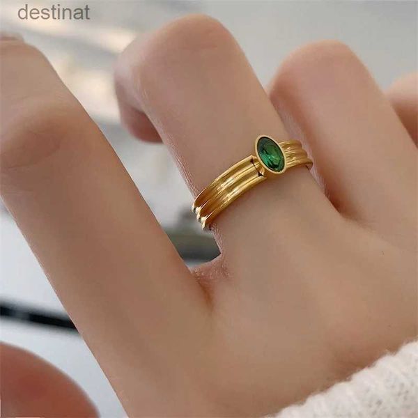 Solitärring Vintage Edelstahl Grüner Zirkonia Stein Wasserdicht Mehrstufige Ringe Für Frauen Grils 18 Karat Vergoldet Stilvoller Ring 2023L231220