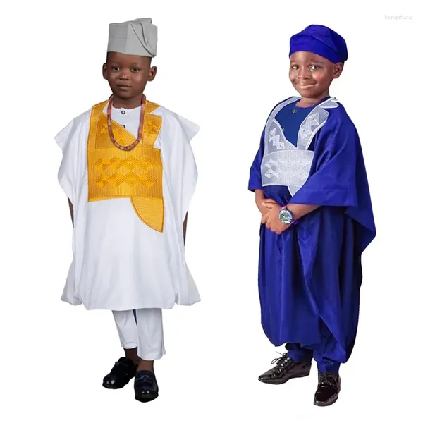 Roupas étnicas Roupas tradicionais africanas para crianças meninos brancos de manga longa Bordado Dashiki Robe Cirche Pant Child Conjunto Ramadã
