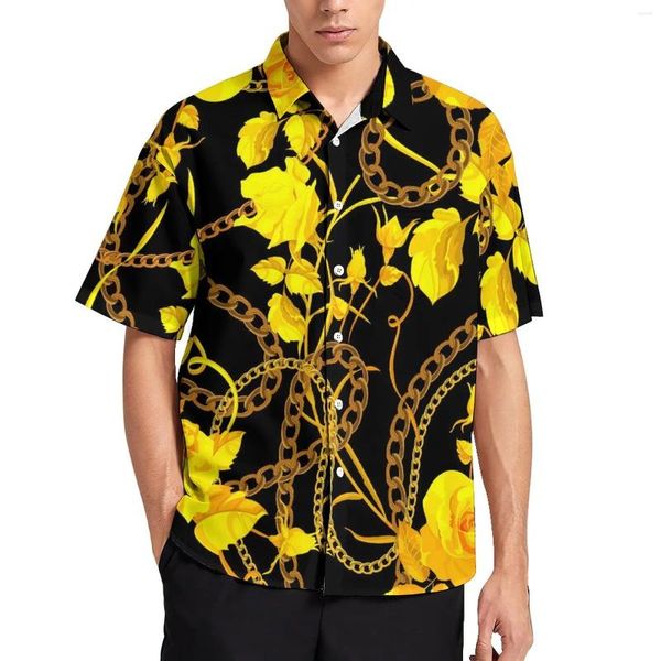 Camicie casual da uomo Camicia con catena dorata Stampa floreale Spiaggia Sciolta Hawaii Camicette divertenti Maniche corte Grafica Abbigliamento oversize