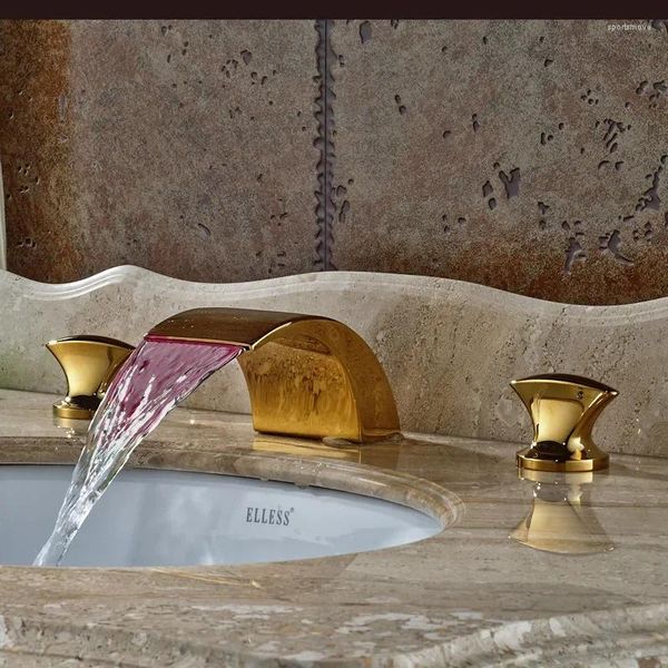 Torneiras de pia do banheiro Vidric Luxo LED Mudança de cor Cachoeira Bacia Torneira Dual Handles 3 Buracos Torneira Misturadora de Latão Dourado