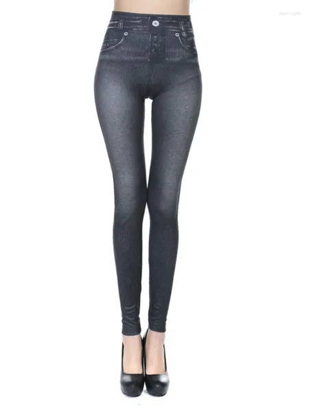 Pantaloni da donna Leggings a nove punti con stampa denim imitazione elegante ed elastica senza cuciture per le donne