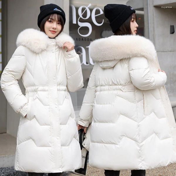 Trench da donna caldo piumino invernale allentato 2023 elegante cappotto con cappuccio isolamento addensato abbigliamento donna collo di pelliccia lungo Parka