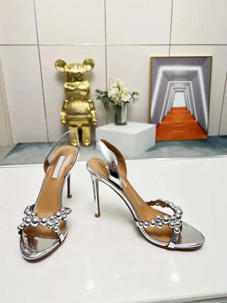 Designer Mulheres Sandália Luxo Salto Alto Aquazzur Bolhas Sandálias De Couro Slingback Sandaies Sliver Pearls Dress Bombas Open Toe Sling Back Estilo Sexy com Caixa 35-43EU