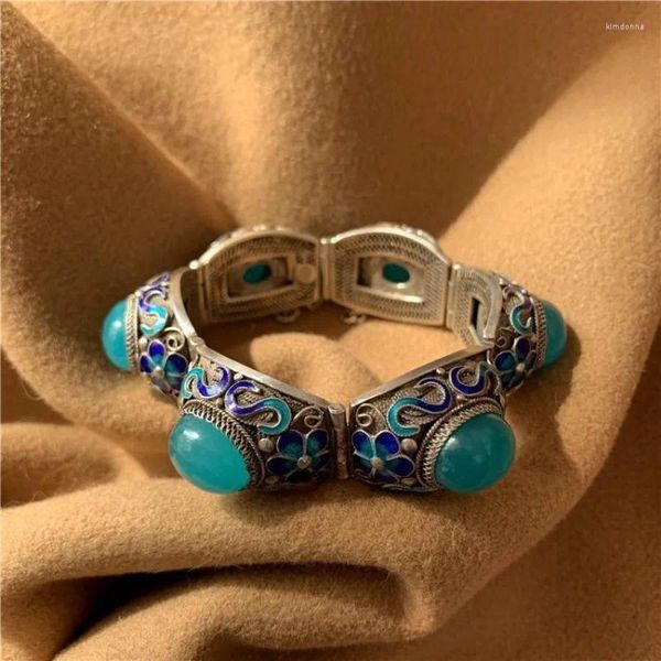 Bangle Hip Hop Vento Azul Verde Handmade Flor Seda Tianhe Pedra Pulseira Pingente Anel Conjunto Feminino Médio Vintage Jóias Atacado