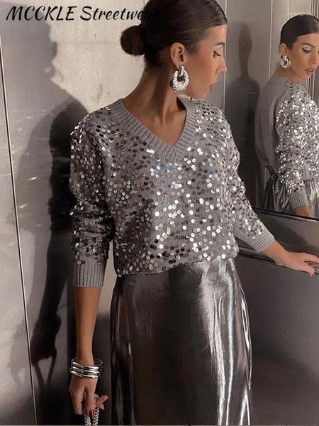 Kadın Knits Sequin Düğün Külot Kadınlar Zarif V Yaka Uzun Kollu Kadın Kazak 2023 Moda Renkli Parlak Sokak Gevşek Leydi Örgü