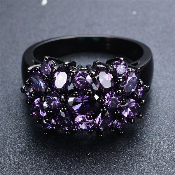 Pequeno oval roxo cristal zircão estrela flor anéis para mulheres vintage preto ouro multicolorido pedra anel feminino casamento jóias 2949