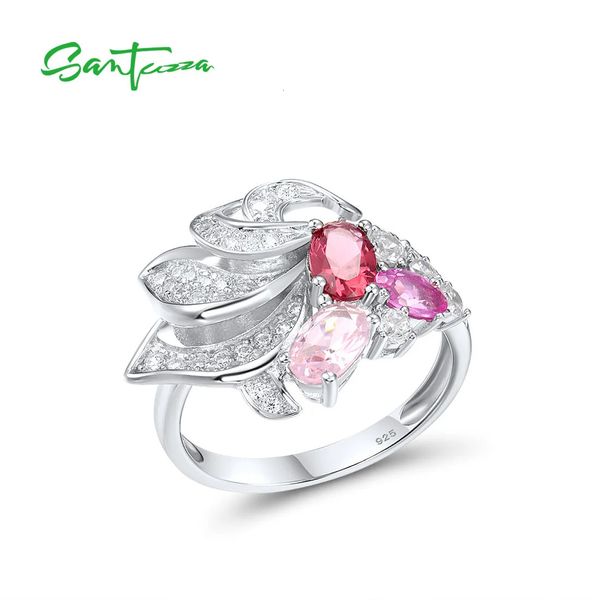 Eheringe SANTUZZA Echte 925 Sterling Silber Ringe Für Frauen Funkelnde Rote Rosa Steine Weiß CZ Cluster Ring Eleganter Modeschmuck 231219