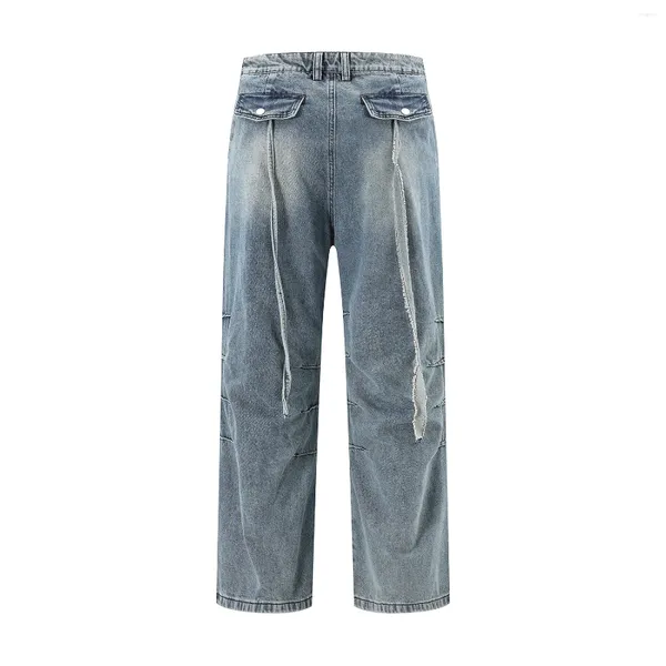 Jeans da uomo Abiti lavati vintage Pantaloni a pieghe da uomo Pantaloni cargo dritti larghi Nastri posteriori da donna Mocio blu