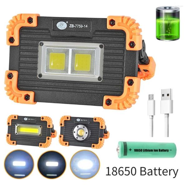 Портативные фонарики на аккумуляторе, лампа COB для кемпинга с пластиковой USB-зарядкой 18650 и регулируемой яркостью наружного света