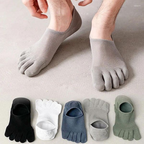 Meias masculinas 3 pares homens chinelo toe suor-absorvente barco malha de algodão respirável invisível tornozelo curto elástico dedo meia