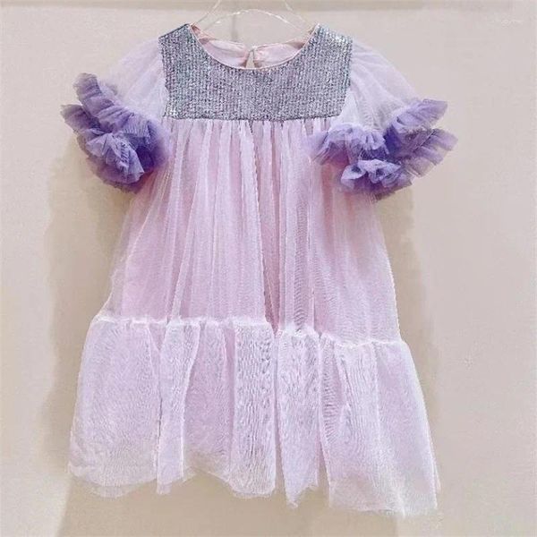 Abiti da ragazza 2023 Abito primavera-estate Baby Purple Puff Sleeve Princess Party Mesh Paillettes