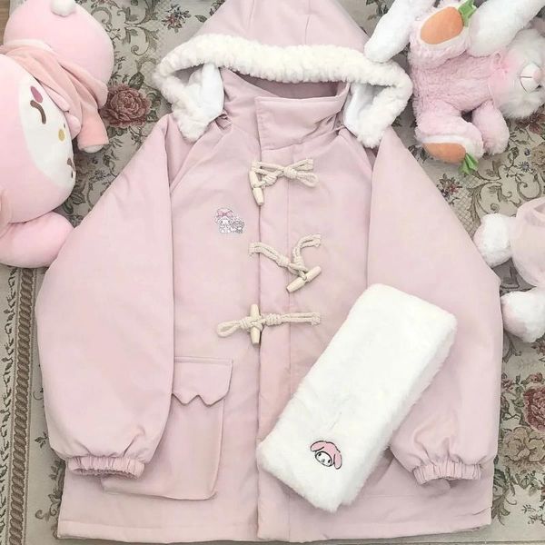 Trench da donna Piumino in cotone Giacca da donna 2023 Autunno Inverno Cappotto spesso in peluche con cappuccio Carino Versatile Dolce giapponese Parka da donna