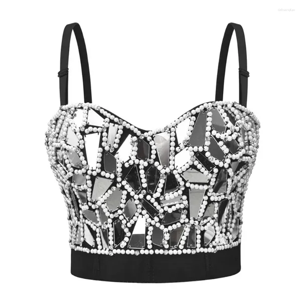 Canotte da donna Donna Plexiglass Petalo Ricamo Perline Diamanti Canotta Canotte con reggiseno Glitter Sparky Costumi di scena Camis Top Club