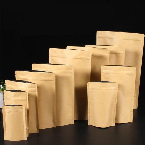 100 pçs resealable papel kraft zip lock saco de embalagem folha grossa incrustação lanche doces moído café nozes chá sementes presentes bolsas de armazenamento vhdsw