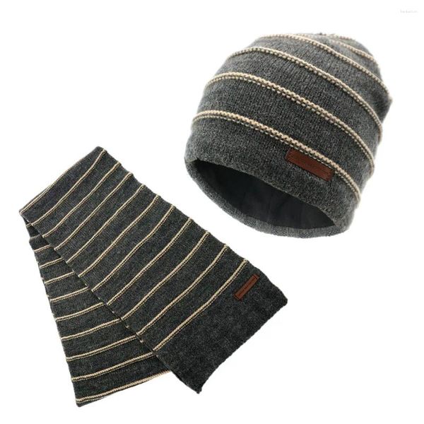 Berets atacado elegante clássico listra jacquard ski cuffless gorro de malha chapéu e cachecol conjunto