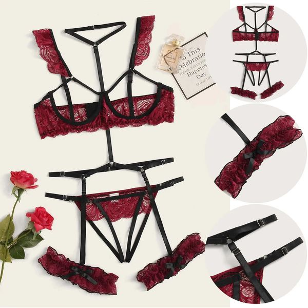 Set sexy Lingerie di pizzo Intimo da donna Reggiseno aperto trasparente Set di mutandine Giarrettiera Nero Erotico 231219