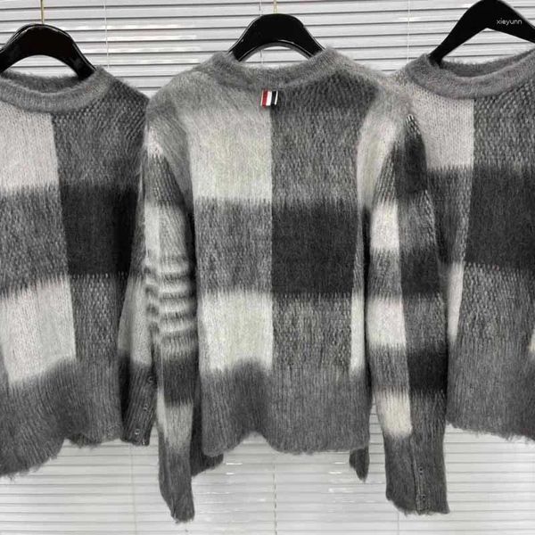 Suéter masculino suéter masculino suéter cinza casual mohair 4-bar listrado design vintage qualidade superior mulheres pulôver inverno slim senhoras