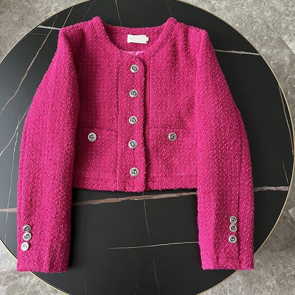 Hohe Qualität Französisch Chic Tweed Gewebt Rosa Frauen Jacke Kurze Mäntel Herbst Westlichen Mode Casual Frau Kleidung 2023 231220