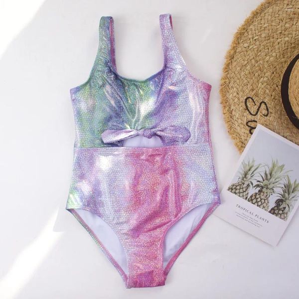 Kadın Mayo 2024 Kızlar Glitter One Piece Mayo Çocuk Külük Knot Ön Çocuklar 7-14 Yıllık Teen Bathing Suit Beach Good