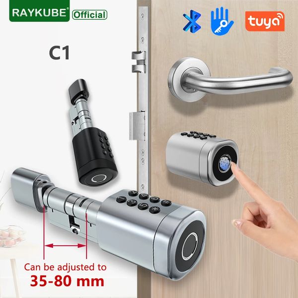 Serrature per porte RAYKUBE C1 Serratura a cilindro intelligente Bluetooth Tuya TTlock APP Codice impronta digitale Scheda IC Installazione semplice universale 231219