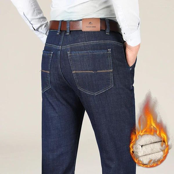 Jeans masculinos inverno qualidade pano lã grosso quente cintura alta reta solta negócios do pai calças casuais