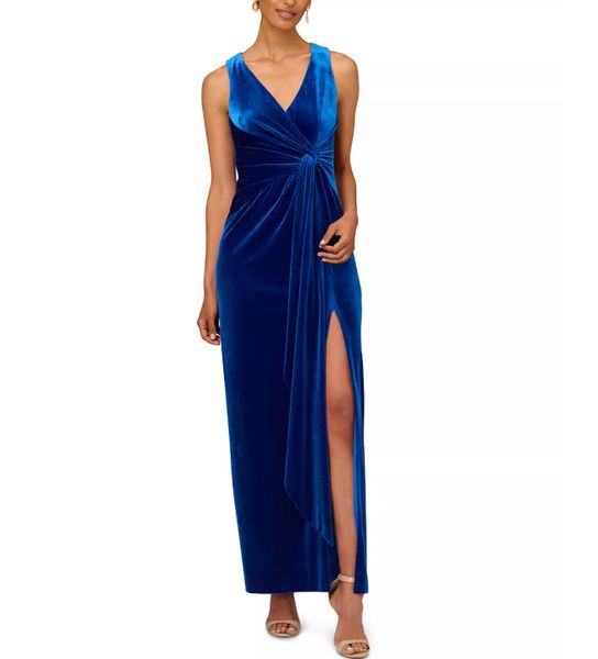 Edel long blauer Samt Abendkleider mit Schlitzermerjungfrau V-Ausschnitt Falten-Knöchel-Länge-Prom-Kleiderpartykleider für Frauen
