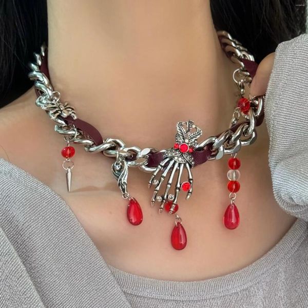 Halsband Gothic Mode Geist Klaue Fledermaus Rot Kristall Quaste Halskette Für Frauen Übertrieben Dark Cool Trendy Schmuck Punk Zubehör