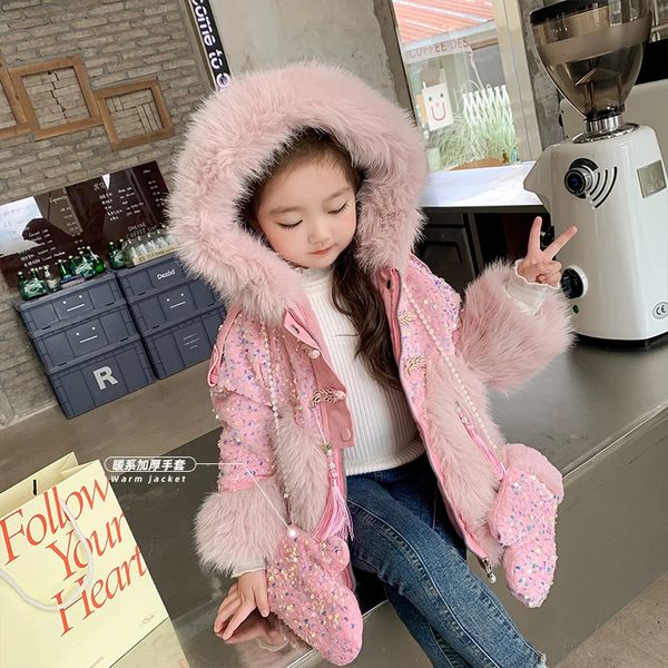 Plüschjacke für Mädchen Wintermode Rosa glänzender Kinderpelzmantel mit Kapuze Oberbekleidung Warmer Handschuh Kinder-Schneeanzug CH198 231220