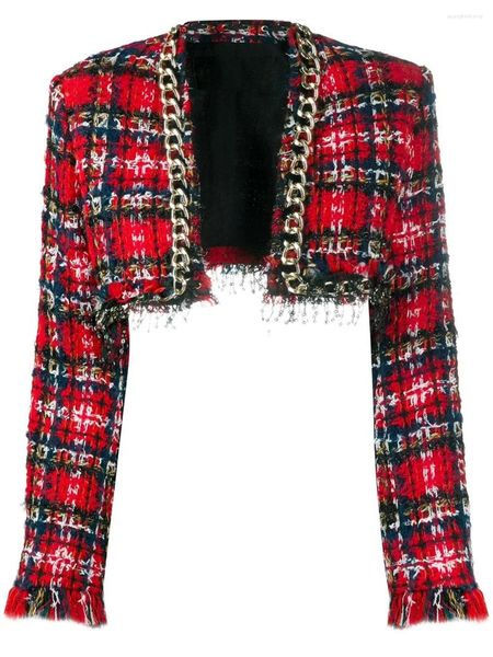 Damenjacken HIGH STREET Est 2023 Designerjacke Fransen Quaste Plaid Tweed Crop Short