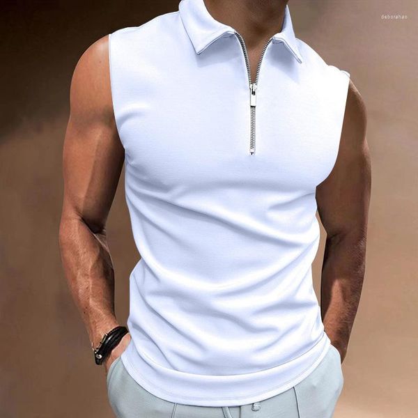 Camisetas masculinas cor sólida lapela com zíper camisa polo gola slim-fit zíper