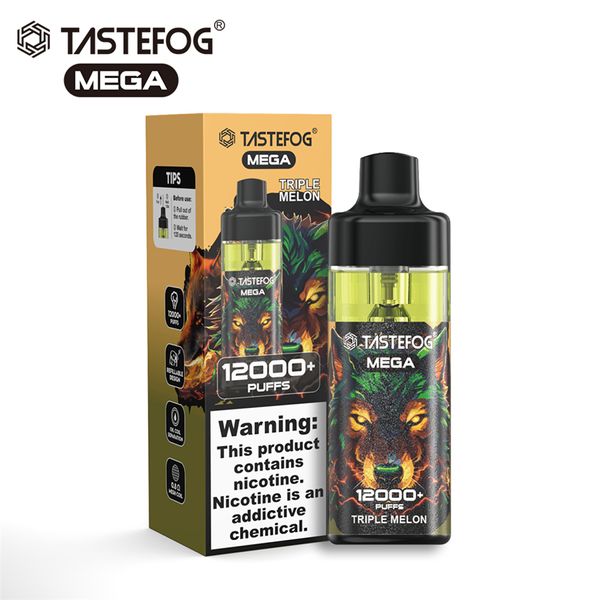 Il più recente Tastefog Mega 12K Puffs Vapes usa e getta ricaricabile Vape E-Cigarette Pod Kit 2% 15ml 650mAh 12 sapori con torcia a LED Controllo del flusso d'aria