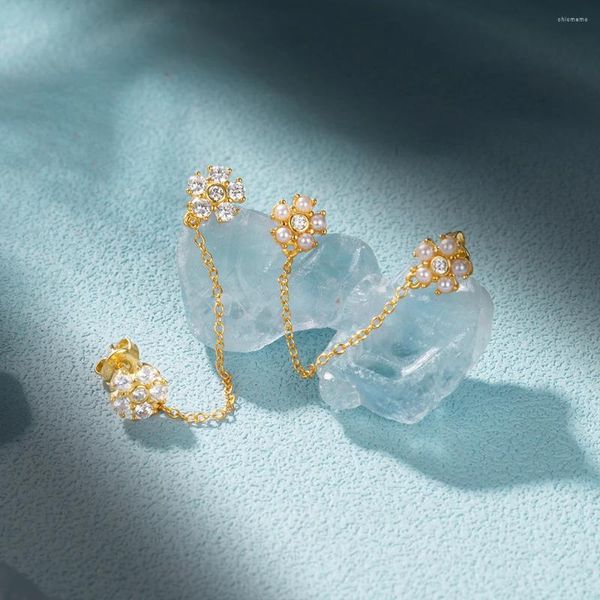 Ohrstecker AIDE 925 Sterling Silber Für Damen Blumenförmige Perle Zirkon Doppelpiercing 18 Karat Vergoldet Ohrring 1 Stück