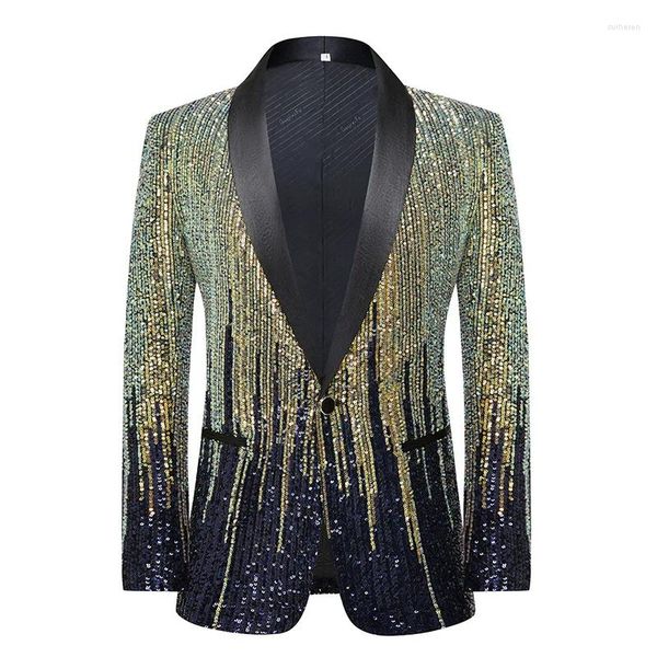 Abiti da uomo Strisce lucide Paillettes Giacche da completo Collo a scialle Bottone singolo Giacca sportiva sottile Cappotto Stage Party Prom Wedding Tuxedo Costume