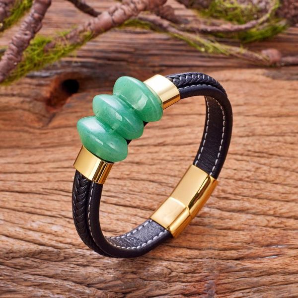 Charme Pulseiras Atacado Aventurine Quartz Lapis Lazuli Tiger Eye Pulseira de Pedra Natural para Homem Jóias de Aço Inoxidável Trançado Couro