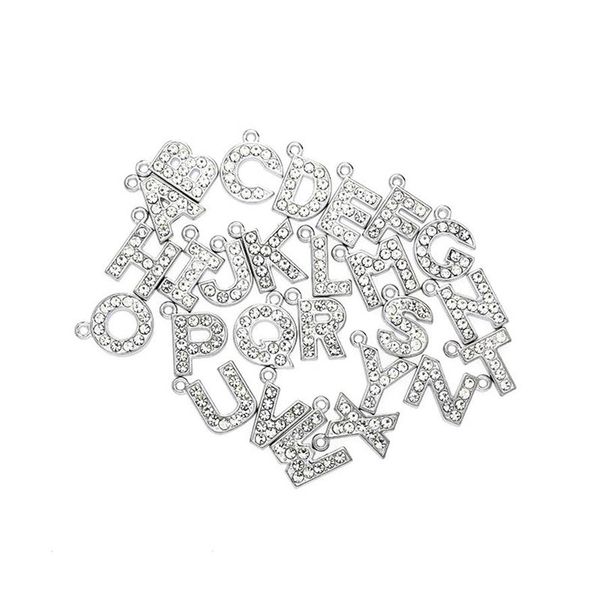 20 peças lote N-Z prata strass pingente carta charme 15mm diy pendurar acessórios adequados para coleiras de animais de estimação pulseira de couro chaveiros m250z