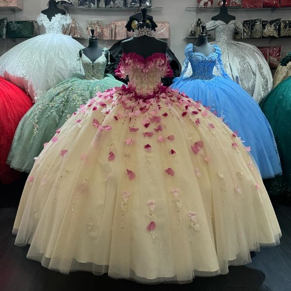 Dolce giallo lucido abiti stile quinceanera applique perline dolce 15 abiti da festa di compleanno ragazza di lusso abiti da 15 anos 2024