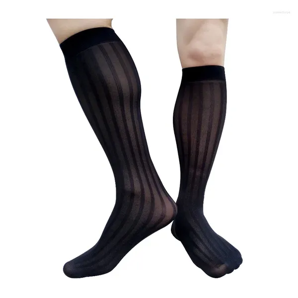 Herrensocken, transparent, dünn, für Herren, lang, kniehoch, durchsichtig, sexy Strumpf, Schlauch, Schlauch, gestreift, Schwarz, Marineblau, modische Herren