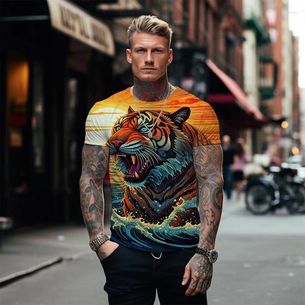 Erkekler Tişörtleri Şiddetli Tiger 3D Baskılı Kısa Kollu T-Shirt Street Spor Sıradan Yaz Gevşek Yuvarlak Boyun Büyük Boy
