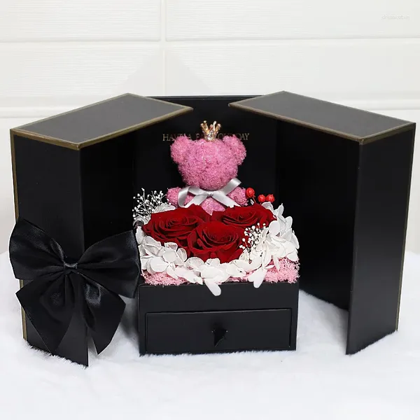 Fiori decorativi San Valentino Bear Eterno Flower Box Box Double Open Porta Collana Rosa Gioielle