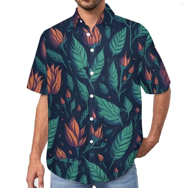 Herren-Freizeithemden, grünes Blatt, lockeres Hemd, männlich, Urlaub, rote Blumen, Druck, Hawaii-Grafik, kurzärmelig, Streetwear, übergroße Blusen