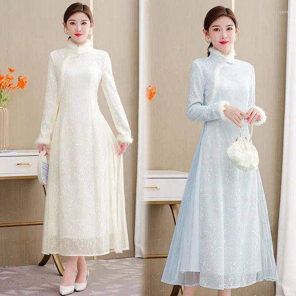 Casual Dresses Herbst Winter Elegantes Kleid Frauen 2023 Chinesischer Stil Retro Modifiziertes Cheongsam Verdickter Warmer Stehkragen Qipao T828