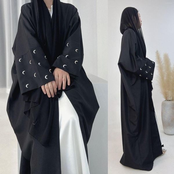 Vestidos casuais lua bordado abaya fino efeito de linho tecido batwing mangas quimono mulheres muçulmanas dubai roupas islâmicas hijab robe ramadan