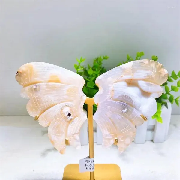 Estatuetas decorativas flor natural ágata linda asa de borboleta escultura energia de cura pedra da sorte moda decoração de casa aniversário de menina