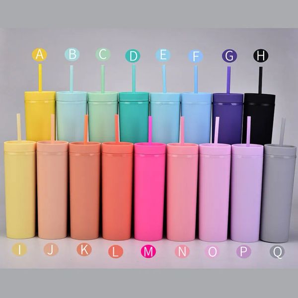 16oz acrílico magro magro magra de copos acrílicos coloridos foscos com tampas e palhas corlorais Tumblers de plástico de parede dupla com palha livre