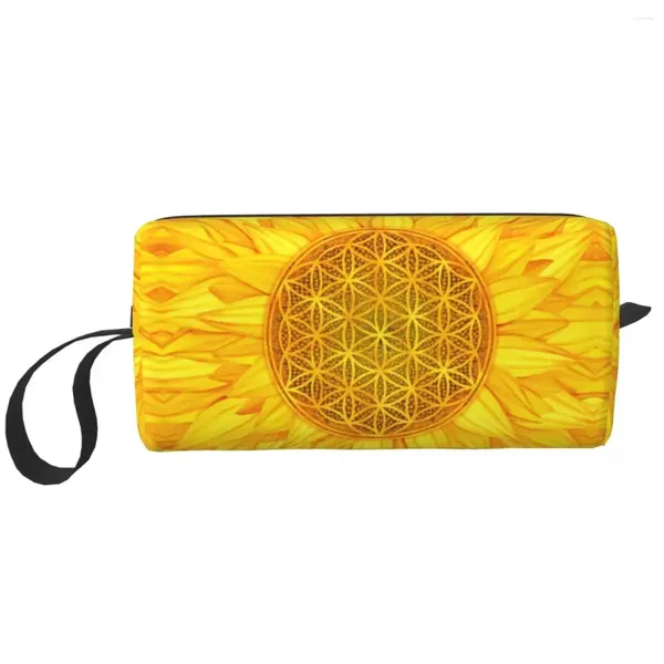 Sacos cosméticos flor da vida girassol saco de higiene portátil mandala floral sagrado geometria organizador de maquiagem kit de armazenamento de beleza caso